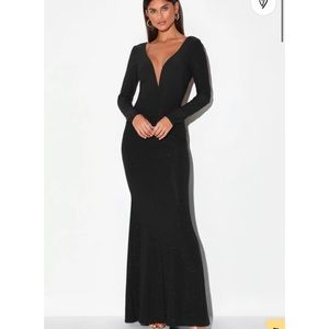 Lulus Glamorous in Glitter Black Long Sleeve Backless Maxi Dress